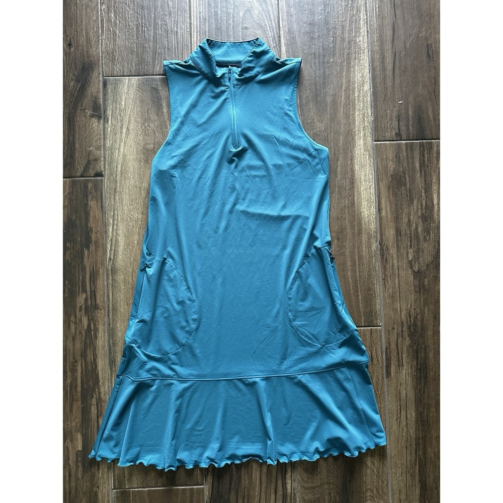 Sleeveless‎ Quarter Zip Golf Tennis Dress Teal Blue Flounce Hem with Pockets